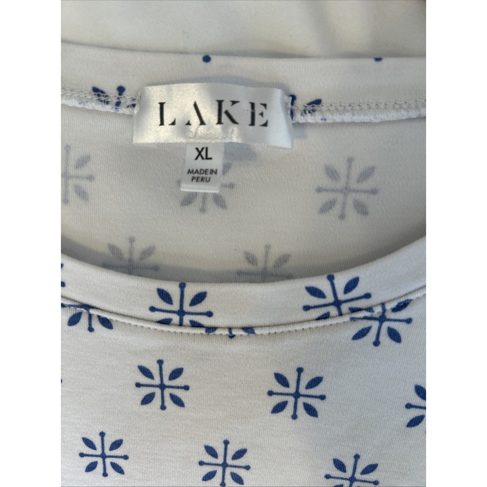 LAKE Pajamas Womens XL Pima Cotton Long-Short Set White Blue Floral Starburst - Picture 5 of 10